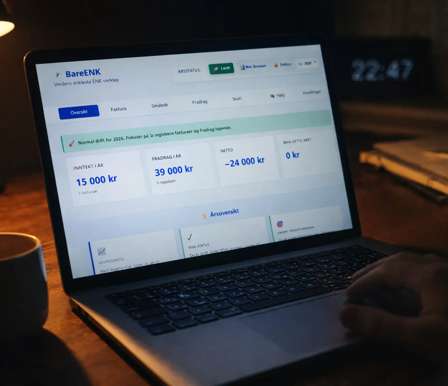 BareENK grensesnitt med fakturaoversikt, inntektslogg og fradragsliste